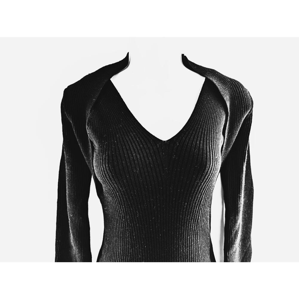 Stitches & Stripes Black Ribbed Knit V-Neck Mini Dress Long Sleeve Cold Shoulder - Picture 8 of 13